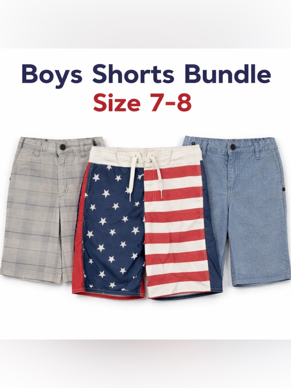 Boys Shorts Bundle Size 7-8 Old Navy Flag + Shaun White Plaid & Blue Lot of 3